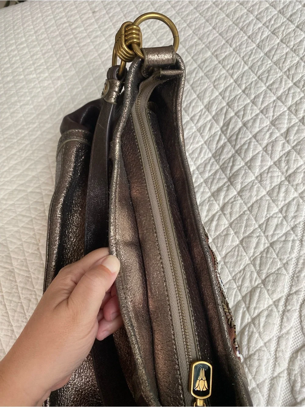 Isabella Fiore VTG Beaded Leather Hobo Shoulder Bag Brown Boho Metallic Art Deco